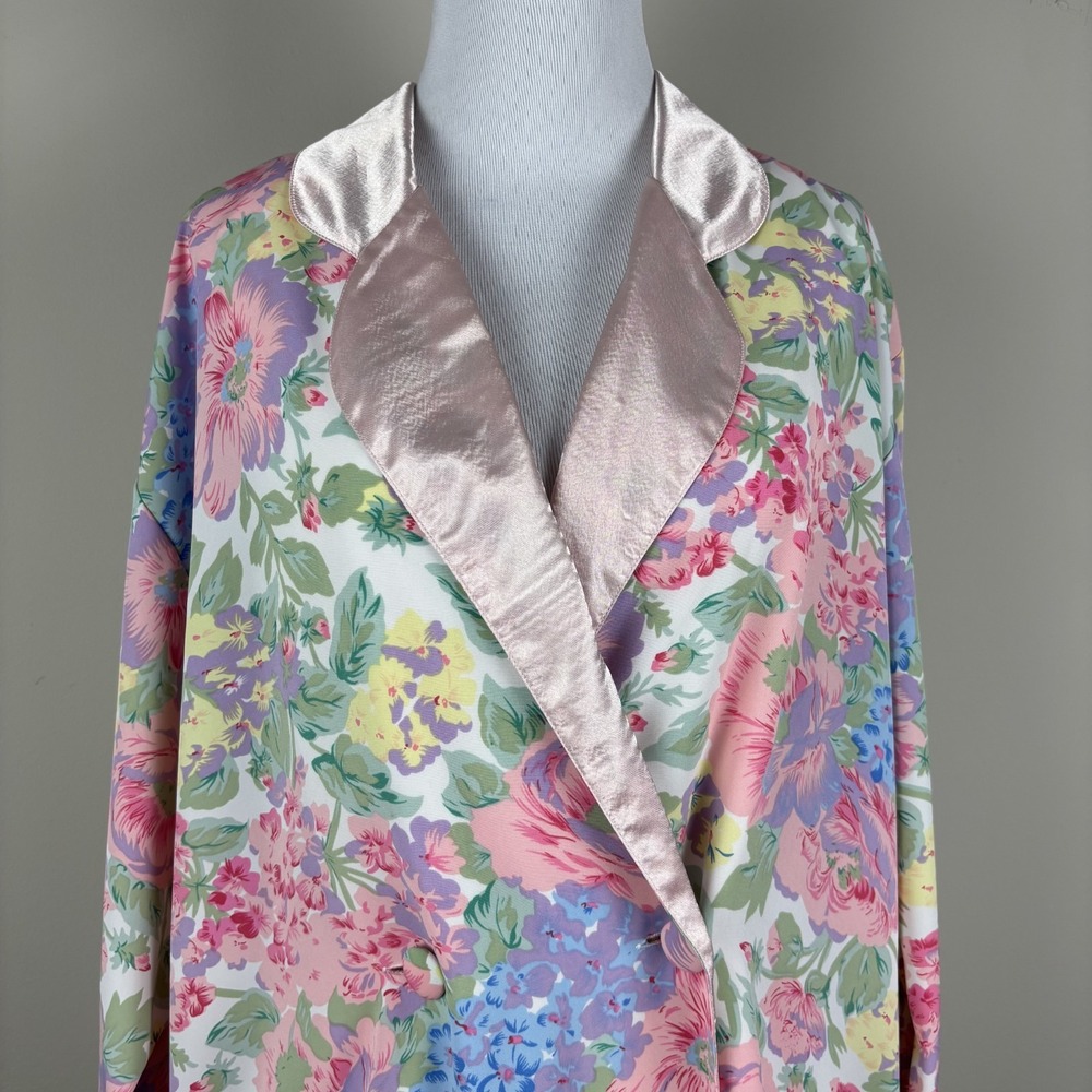 Victorias Secret Gold Label Robe Womens Medium Pink Satin Floral Double Breasted - Picture 2 of 12